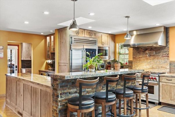 Interior, Kitchen, Pendant Lights, Recessed Lighting, Stainless Steel Appliances, Stone Walls