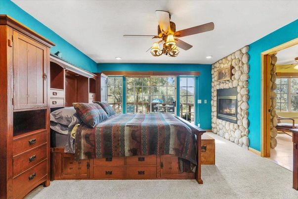 Bedroom, Fireplace, Interior, Recessed Lighting, Stone Walls