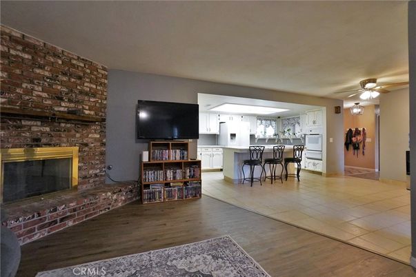 Fireplace, Interior, Kitchen, Stone Walls, Wood Texture Flooring