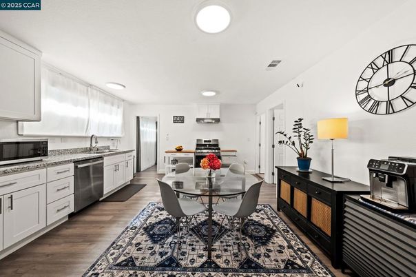 Dining room, Interior, Kitchen, Recessed Lighting, Stainless Steel Appliances, Wood Texture Flooring