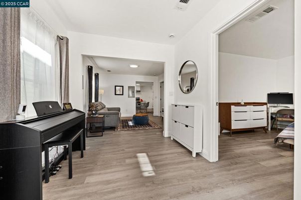 Interior, Living room, Piano, Recessed Lighting, Wood Texture Flooring