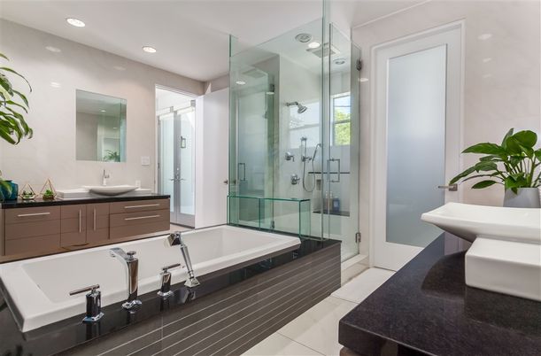 Bathroom, Dual Sink Vanities, Glass Shower, Interior, Recessed Lighting
