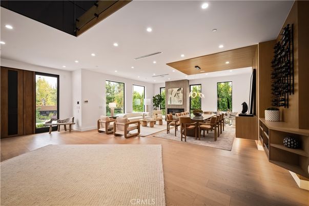 Dining room, Interior, Living room, Pendant Lights, Recessed Lighting, Wooden Ceilings, Wood Texture Flooring