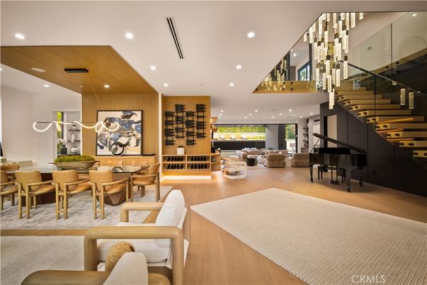 Dining room, Interior, Living room, Pendant Lights, Piano, Recessed Lighting, Wood Texture Flooring