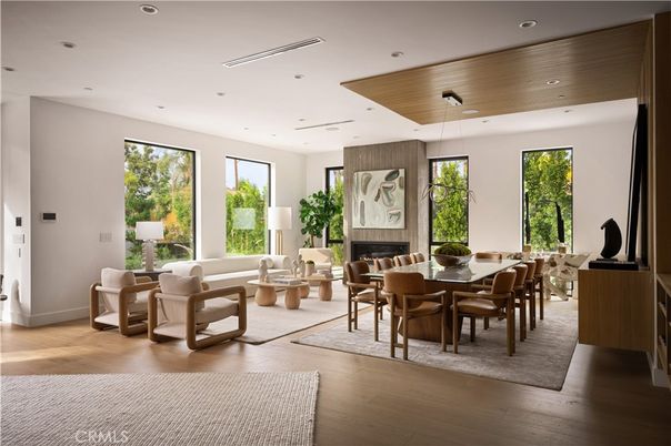Dining room, Fireplace, Interior, Living room, Pendant Lights, Recessed Lighting, Wooden Ceilings, Wood Texture Flooring