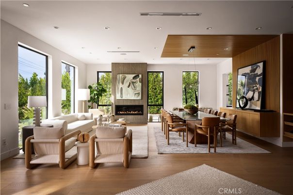 Dining room, Fireplace, Interior, Living room, Pendant Lights, Recessed Lighting, Wooden Ceilings, Wood Texture Flooring