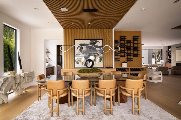 Dining room, Interior, Living room, Pendant Lights, Recessed Lighting, Wood Texture Flooring