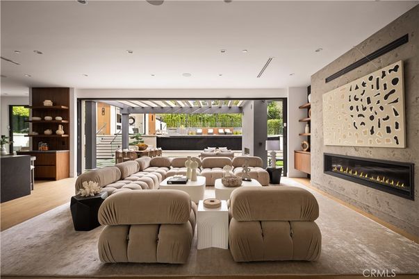 Dining room, Fireplace, Interior, Living room, Pendant Lights, Recessed Lighting, Wood Texture Flooring
