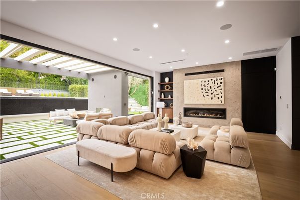 Fireplace, Interior, Living room, Recessed Lighting, Wood Texture Flooring