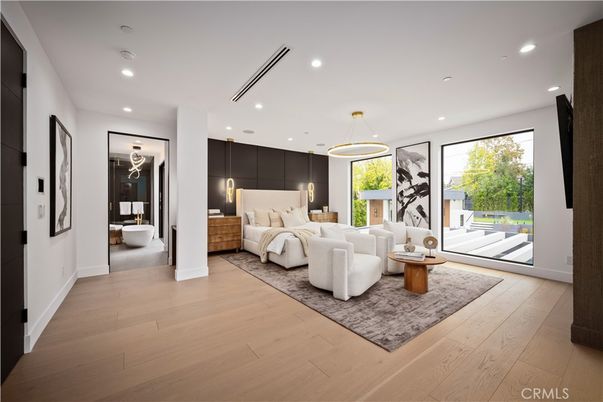 Bedroom, Interior, Pendant Lights, Recessed Lighting, Wood Texture Flooring