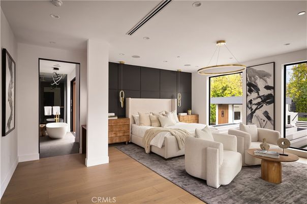 Bedroom, Interior, Pendant Lights, Recessed Lighting, Wood Texture Flooring
