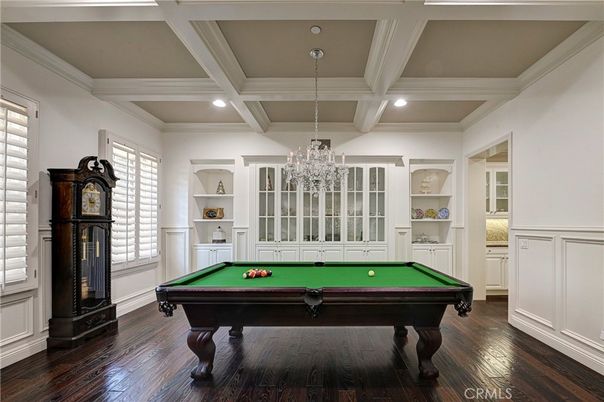 Billiard Table, Chandelier, Game Room, Interior, Recessed Lighting, Wood Texture Flooring