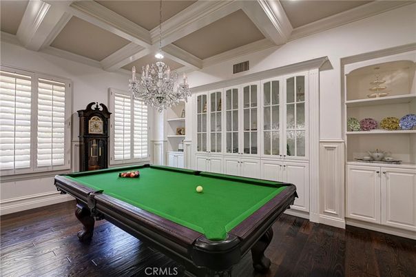 Billiard Table, Chandelier, Game Room, Interior, Recessed Lighting, Wood Texture Flooring