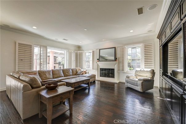 Fireplace, Interior, Living room, Recessed Lighting, Wood Texture Flooring