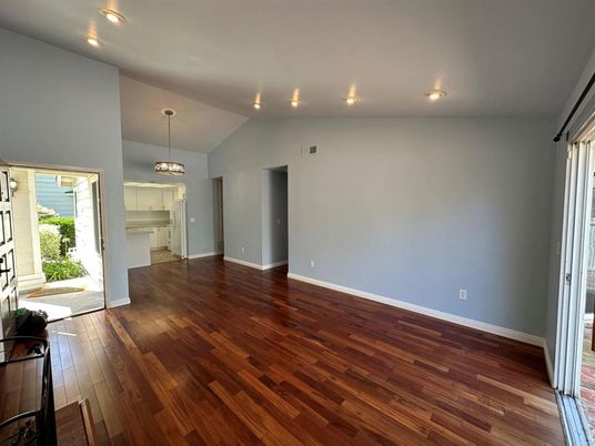 Empty room, Interior, Pendant Lights, Recessed Lighting, Wood Texture Flooring