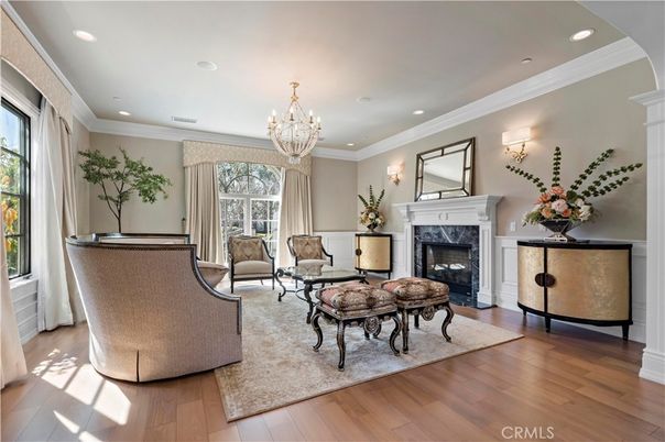 Chandelier, Fireplace, Interior, Living room, Recessed Lighting, Wood Texture Flooring