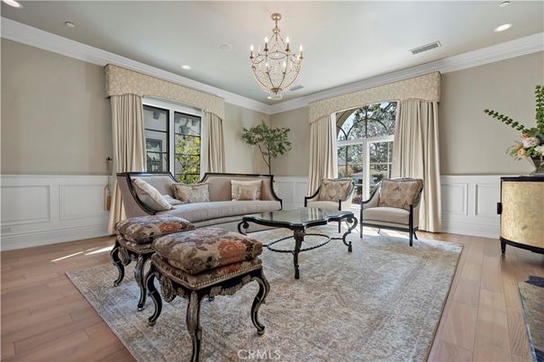 Chandelier, Interior, Living room, Recessed Lighting, Wood Texture Flooring