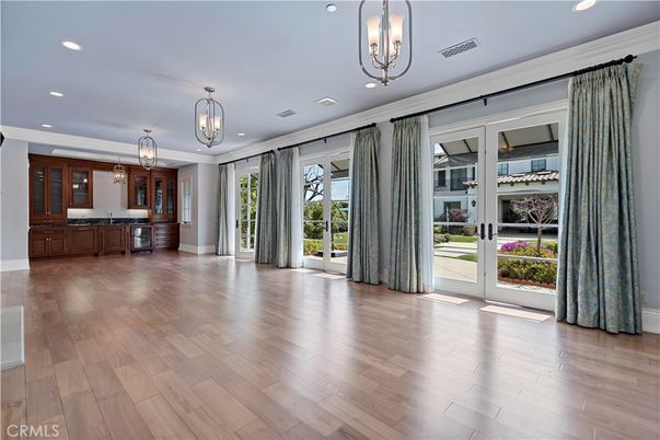 Chandelier, Empty room, Interior, Kitchen, Pendant Lights, Recessed Lighting, Wood Texture Flooring
