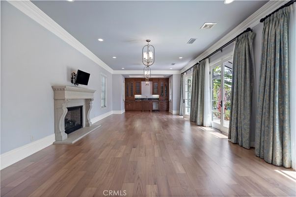 Fireplace, Interior, Pendant Lights, Recessed Lighting, Wood Texture Flooring