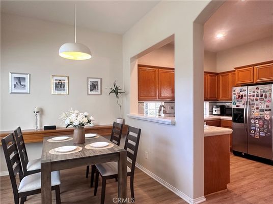 Dining room, Interior, Kitchen, Pendant Lights, Recessed Lighting, Wood Texture Flooring