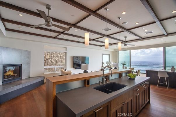 Fireplace, Interior, Kitchen, Pendant Lights, Recessed Lighting, Water, Wooden Beams, Wood Texture Flooring