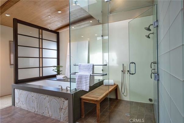 Bathroom, Glass Shower, Interior, Recessed Lighting, Wooden Ceilings