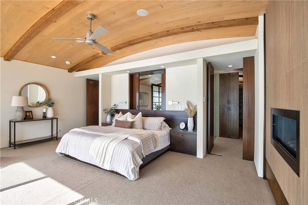 Bedroom, Fireplace, Interior, Recessed Lighting, Wooden Beams, Wooden Ceilings