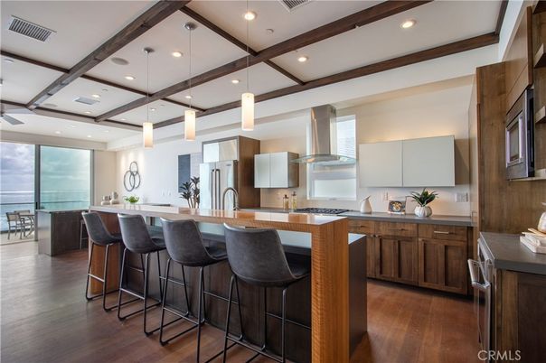 Interior, Kitchen, Pendant Lights, Recessed Lighting, Stainless Steel Appliances, Water, Wooden Beams, Wood Texture Flooring