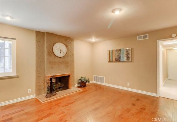 Empty room, Fireplace, Interior, Recessed Lighting, Wood Texture Flooring