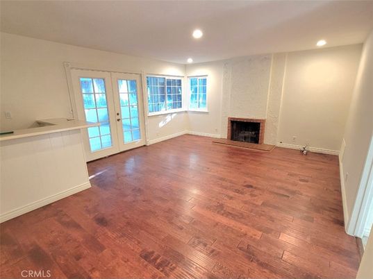 Empty room, Fireplace, Interior, Recessed Lighting, Wood Texture Flooring