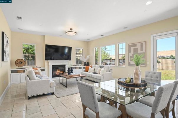 Dining room, Fireplace, Interior, Living room, Recessed Lighting
