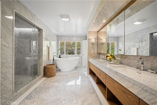 Bathroom, Dual Sink Vanities, Free Standing Baths, Glass Shower, Interior, Marble, Marble Walls, Recessed Lighting