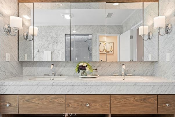 Bathroom, Dual Sink Vanities, Glass Shower, Interior, Marble Walls