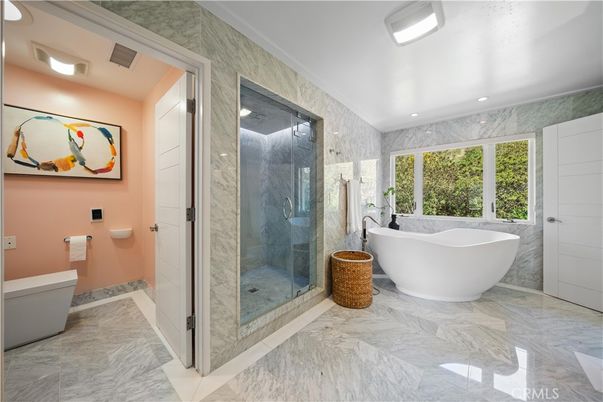 Bathroom, Free Standing Baths, Glass Shower, Interior, Marble, Marble Walls, Recessed Lighting