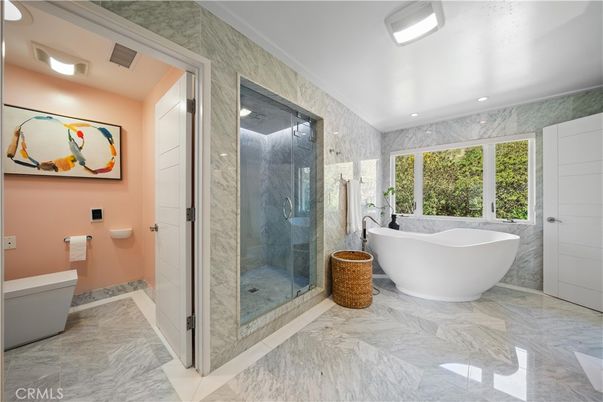Bathroom, Free Standing Baths, Glass Shower, Interior, Marble, Marble Walls, Recessed Lighting