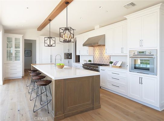 Interior, Kitchen, Pendant Lights, Recessed Lighting, Stainless Steel Appliances, Wooden Beams, Wood Texture Flooring