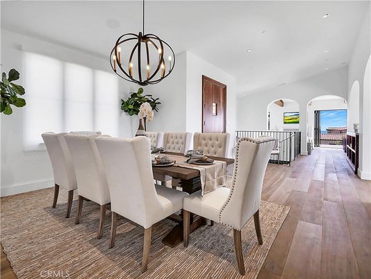 Chandelier, Dining room, Interior, Pendant Lights, Recessed Lighting, Wood Texture Flooring