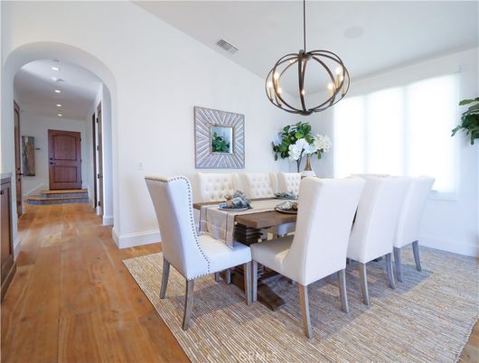 Dining room, Interior, Pendant Lights, Recessed Lighting, Wood Texture Flooring