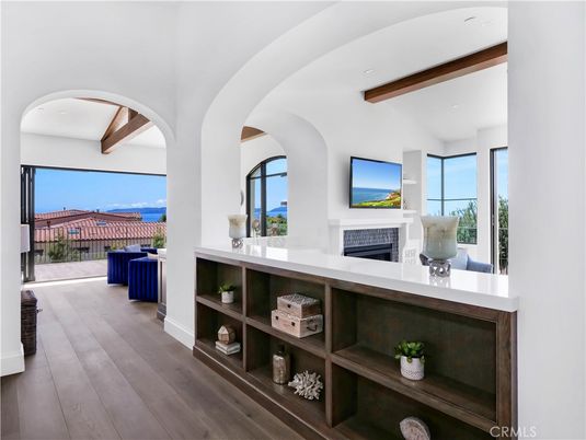 Fireplace, Interior, Recessed Lighting, Water, Wooden Beams, Wood Texture Flooring