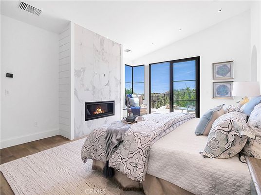 Bedroom, Fireplace, Interior, Marble Walls, Recessed Lighting, Wood Texture Flooring