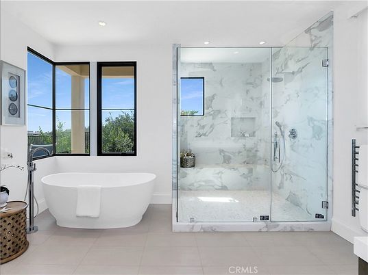 Bathroom, Free Standing Baths, Glass Shower, Interior, Marble Walls, Recessed Lighting