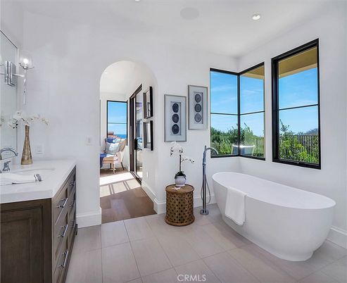 Bathroom, Dual Sink Vanities, Free Standing Baths, Interior, Recessed Lighting, Wood Texture Flooring