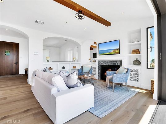 Fireplace, Interior, Living room, Recessed Lighting, Wooden Beams, Wood Texture Flooring
