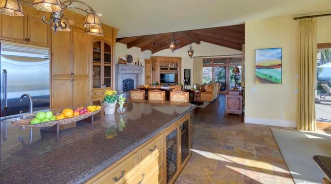 Dining room, Fireplace, Interior, Kitchen, Living room, Pendant Lights, Stainless Steel Appliances, Wooden Beams, Wooden Ceilings, Wood Texture Flooring
