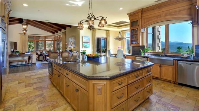 Chandelier, Dining room, Interior, Kitchen, Living room, Pendant Lights, Recessed Lighting, Stainless Steel Appliances, Wooden Beams