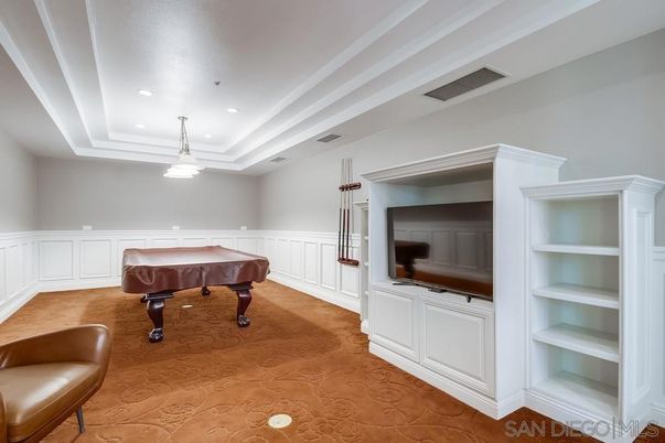 Billiard Table, Game Room, Interior, Pendant Lights, Recessed Lighting, Wood Texture Flooring