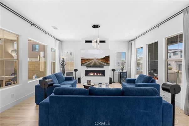 Fireplace, Interior, Living room, Pendant Lights, Recessed Lighting, Wood Texture Flooring