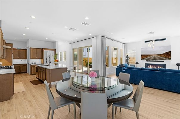 Dining room, Fireplace, Interior, Kitchen, Living room, Pendant Lights, Recessed Lighting, Wood Texture Flooring