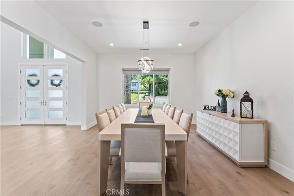 Dining room, Interior, Pendant Lights, Recessed Lighting, Wood Texture Flooring
