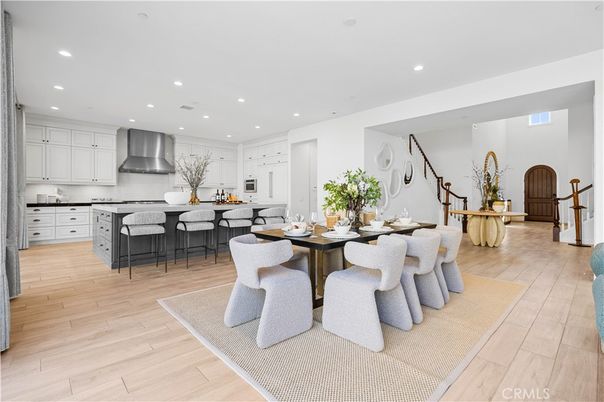 Dining room, Interior, Kitchen, Recessed Lighting, Stainless Steel Appliances, Wood Texture Flooring